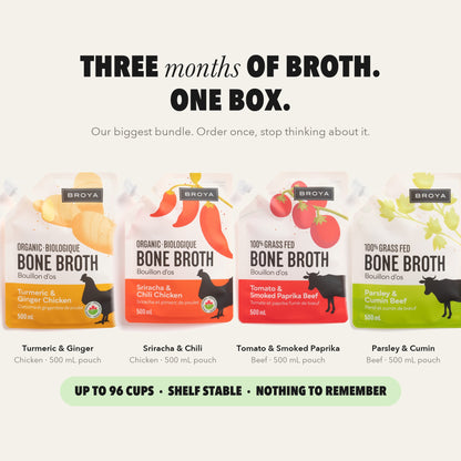 Three months of Broya bone broth in one box — four grass-fed and organic flavours.