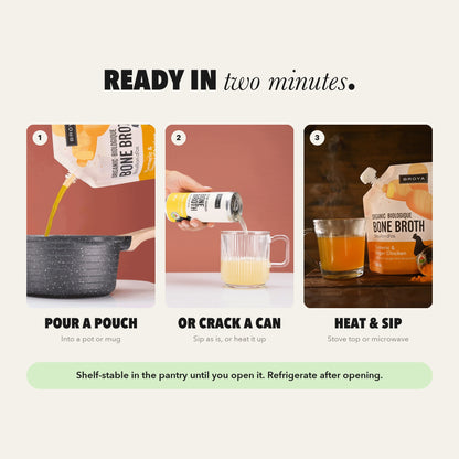 Ready in two minutes: pour a pouch or crack a can, heat and sip.