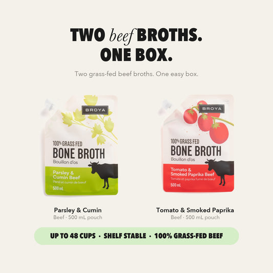 Two grass-fed beef bone broths in one box — Parsley & Cumin and Tomato & Smoked Paprika, up to 48 cups.