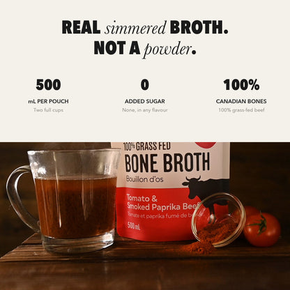 Real simmered broth, not a powder. 500 mL per pouch, no added sugar, 100% Canadian grass-fed beef bones.