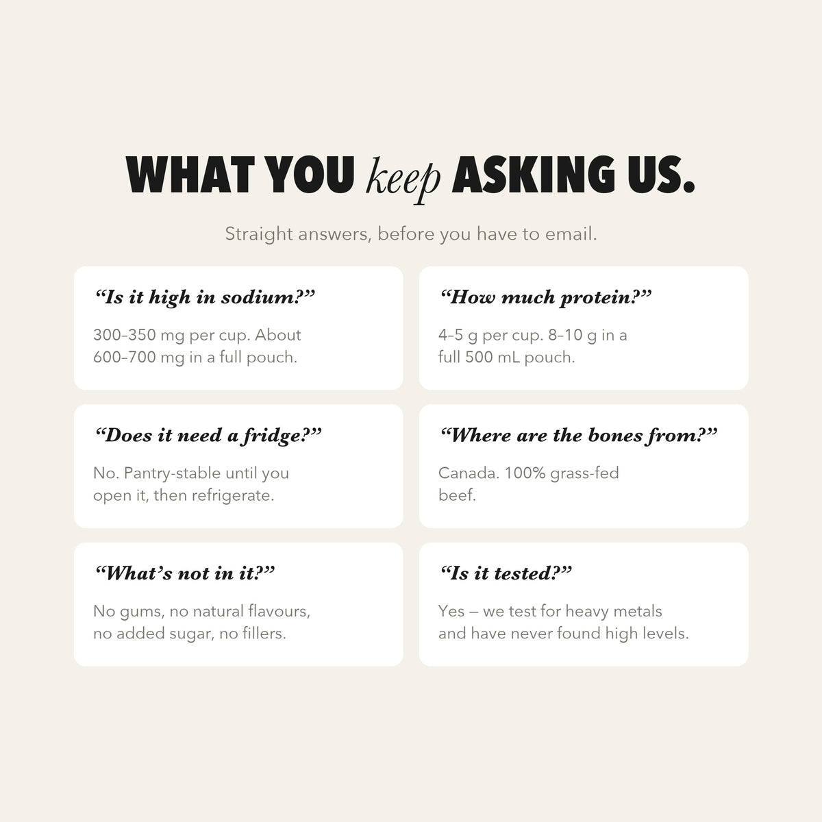 What you keep asking: sodium, protein, storage, sourcing, and testing.
