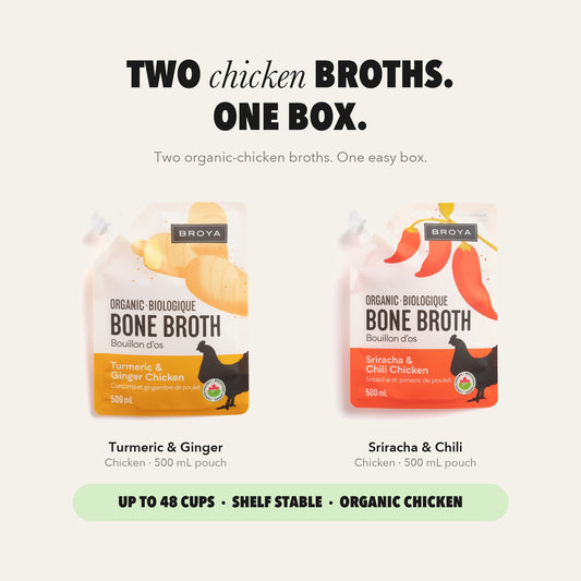 Two organic chicken bone broths in one box — Turmeric & Ginger and Sriracha & Chili, up to 48 cups.