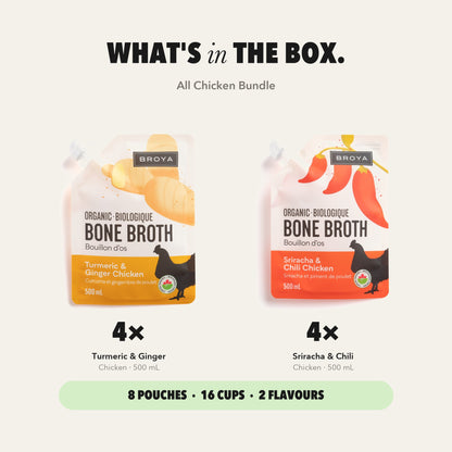 What's in the 8-pack: 4 each of Turmeric & Ginger and Sriracha & Chili — 8 pouches, 16 cups.