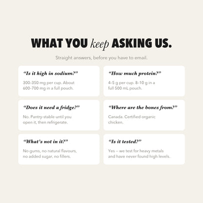 What you keep asking: sodium, protein, storage, sourcing, and testing.