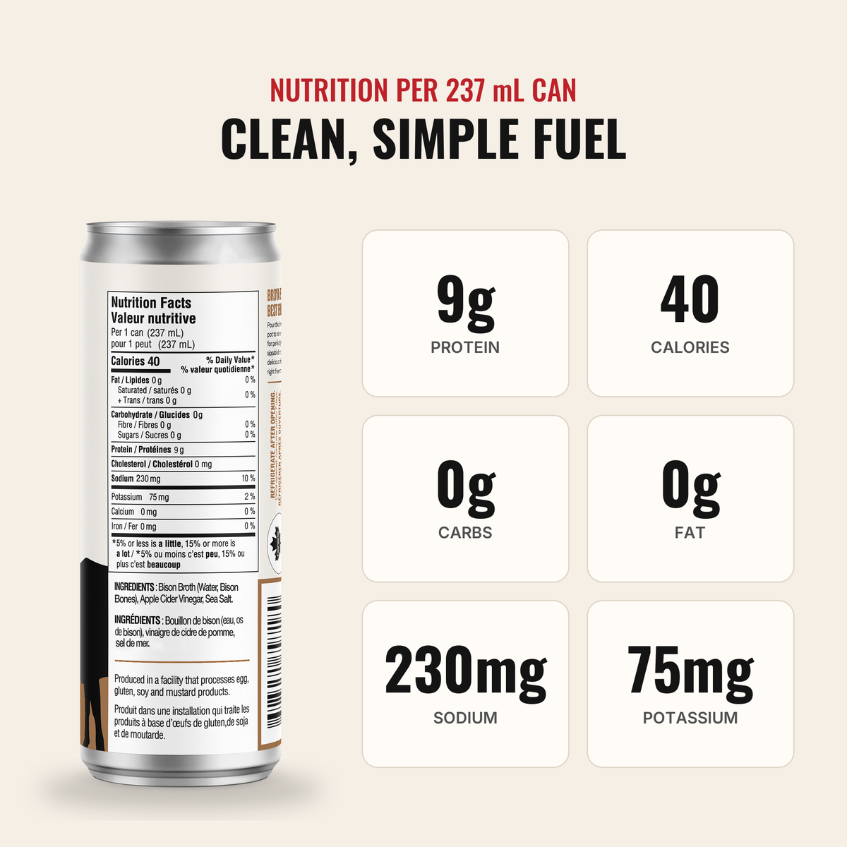 Bison Bone Broth nutrition per 237 mL can: 9g protein, 40 calories, 0g carbs, 0g fat, 230mg sodium, 75mg potassium