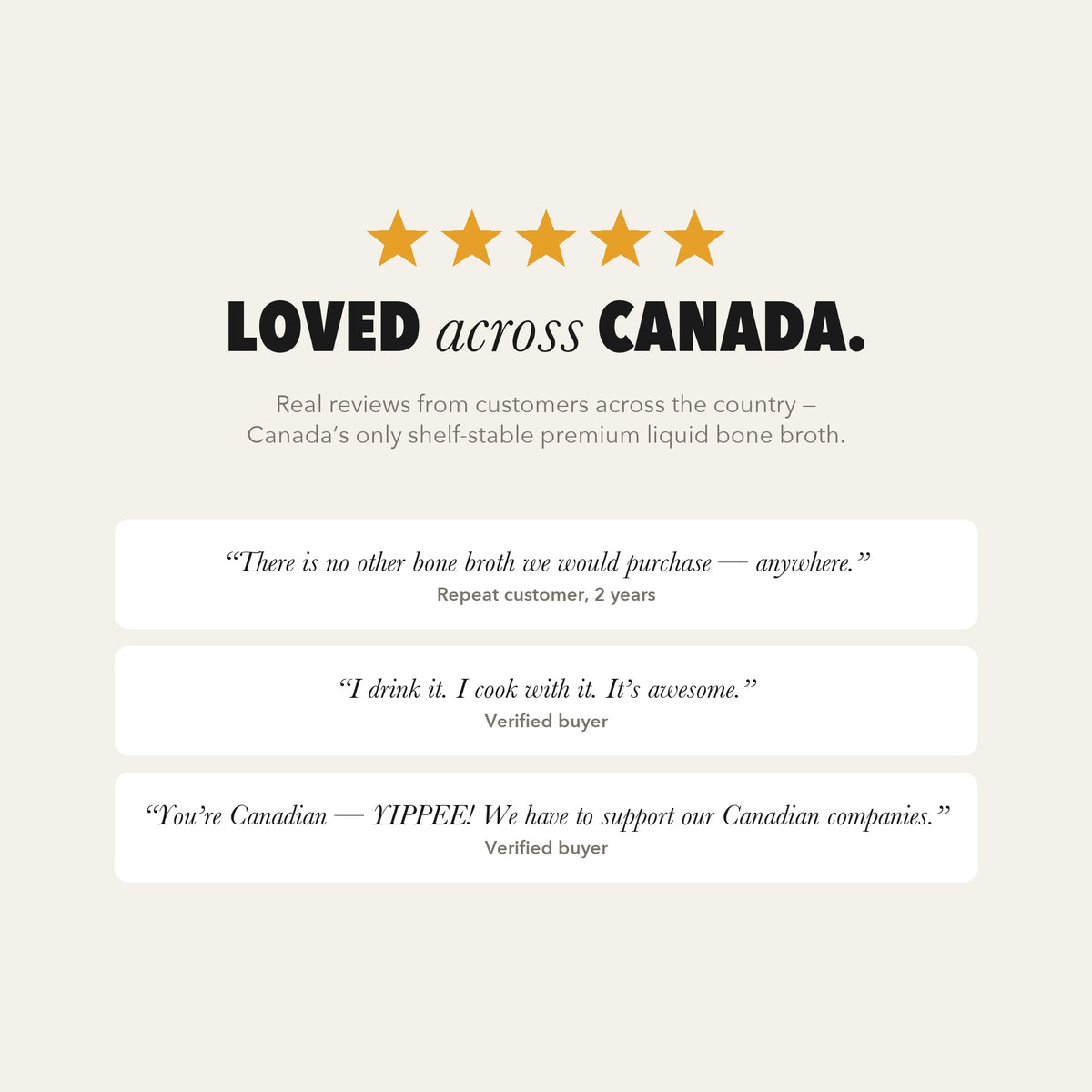 Loved across Canada — real reviews. Canada's only shelf-stable premium liquid bone broth.