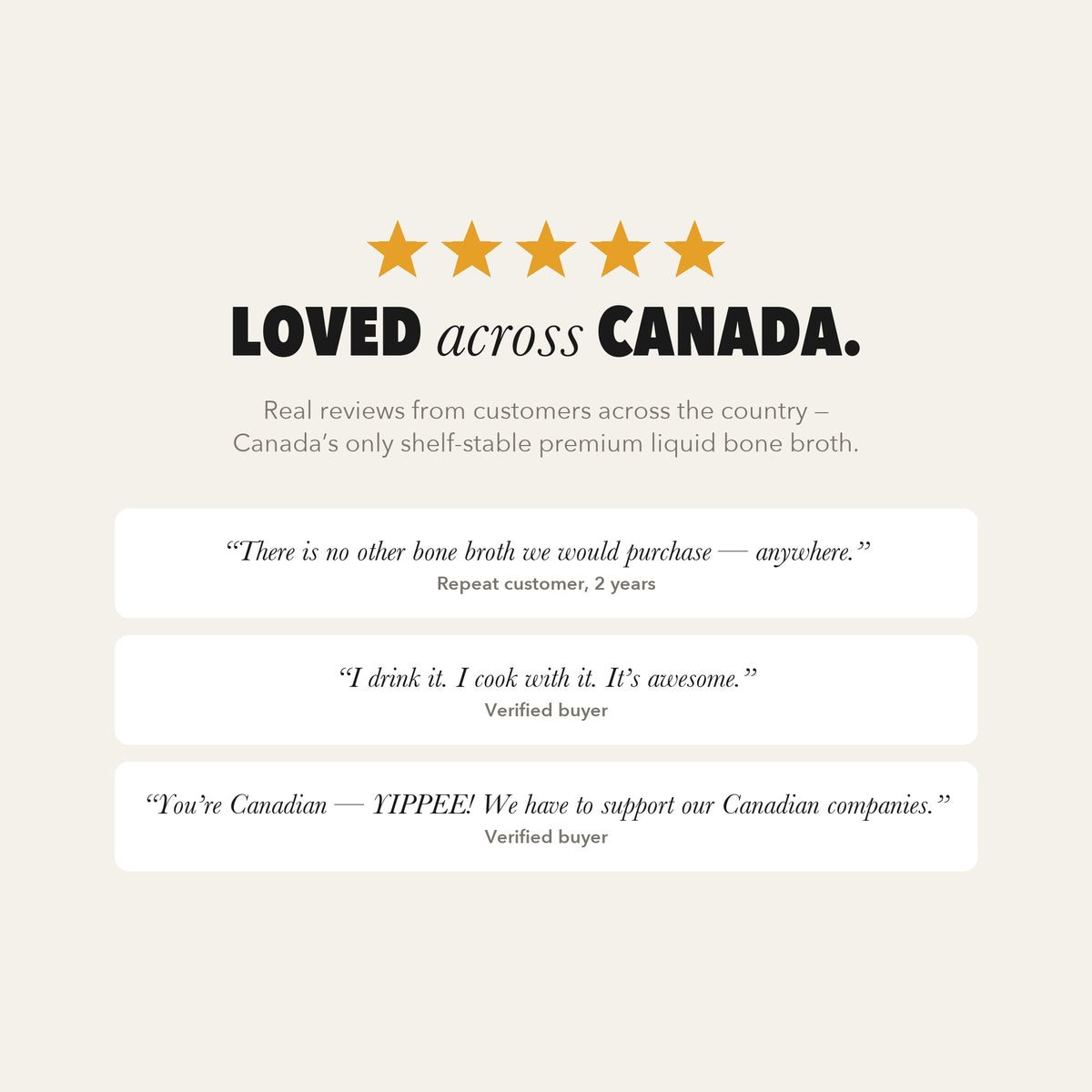 Loved across Canada — real reviews. Canada's only shelf-stable premium liquid bone broth.